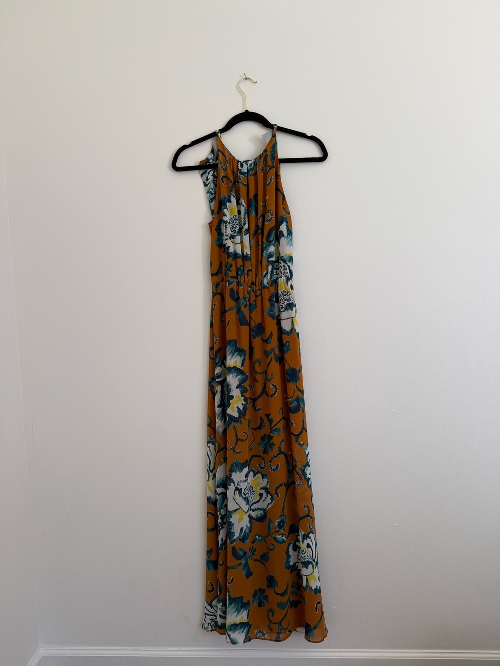 H&M Floral sleeveless subtle open back Maxi Dress in Mustard